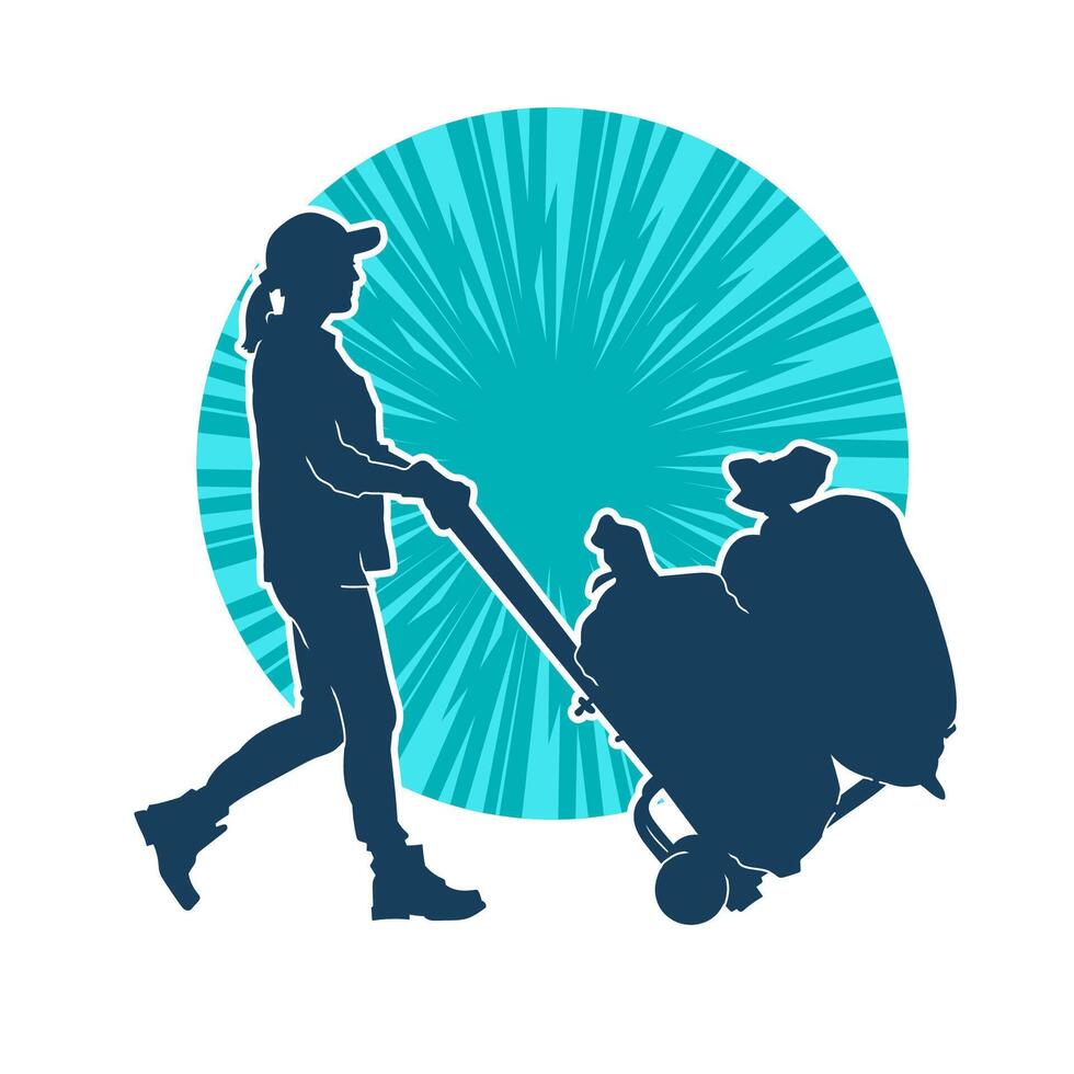 Silhouette of a female worker pushing lori wheels transporting sacks vector