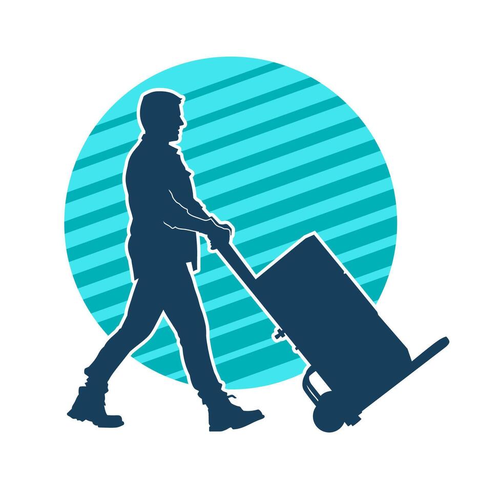 Silhouette of a male worker pushing a lori wheels transporting cardboard boxes vector