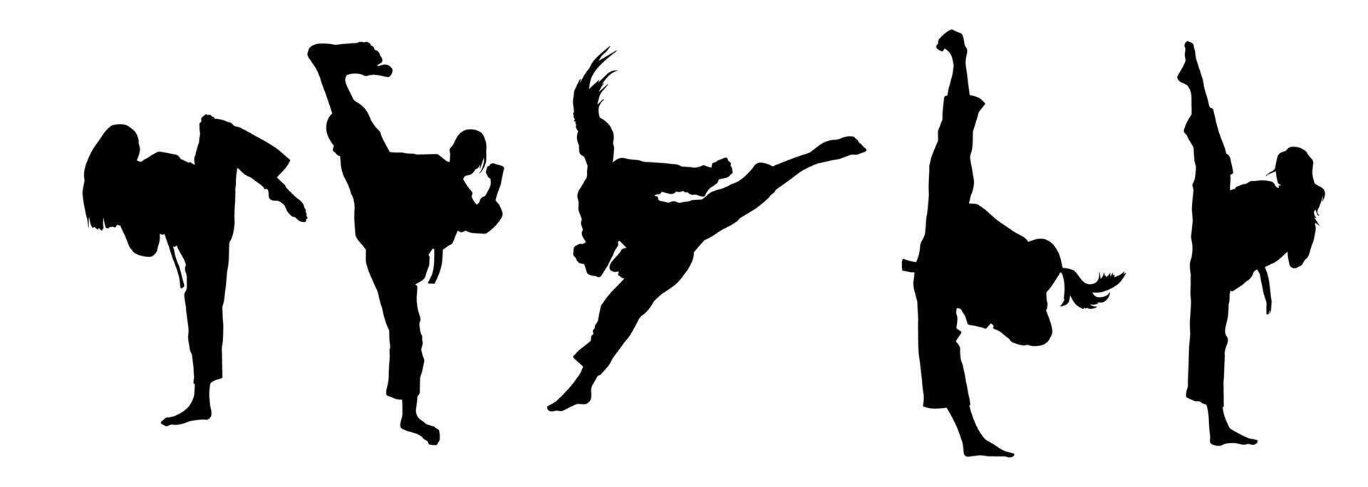 Silhouette collection of martial art women kicking pose. Silhouette of female warriors in action pose. vector