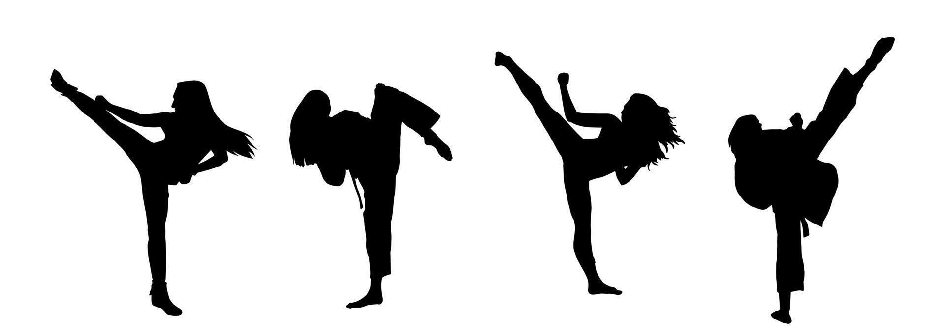 Silhouette collection of martial art women kicking pose. Silhouette of female warriors in action pose. vector