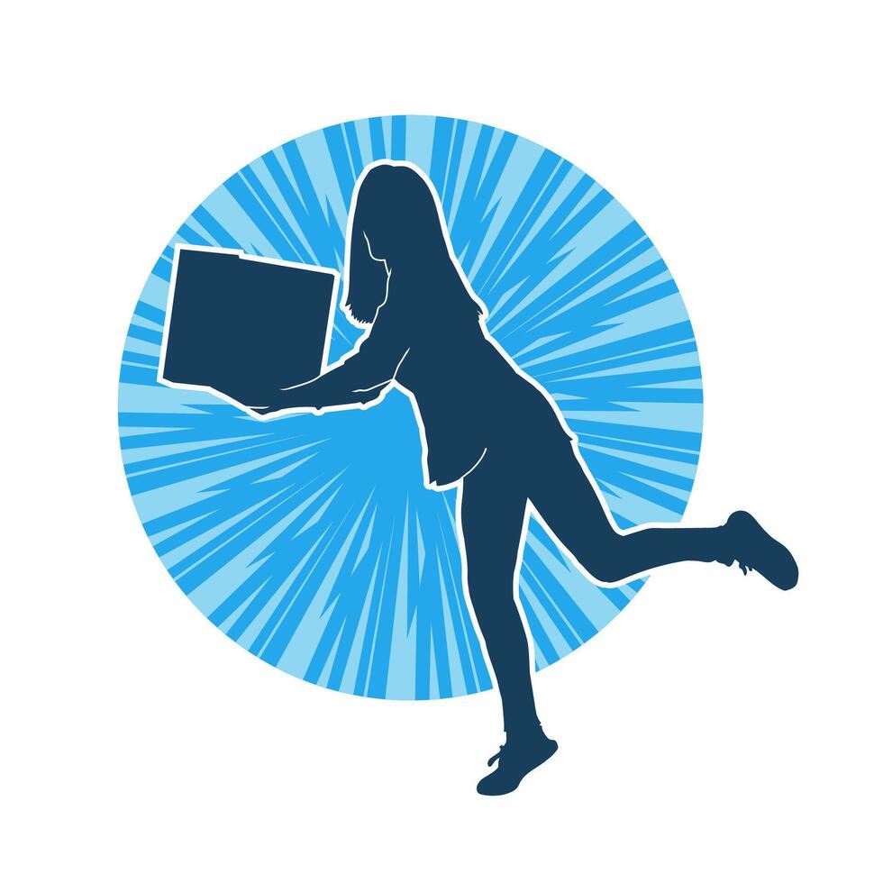 Silhouette of a slim young female lifting cardboard box vector