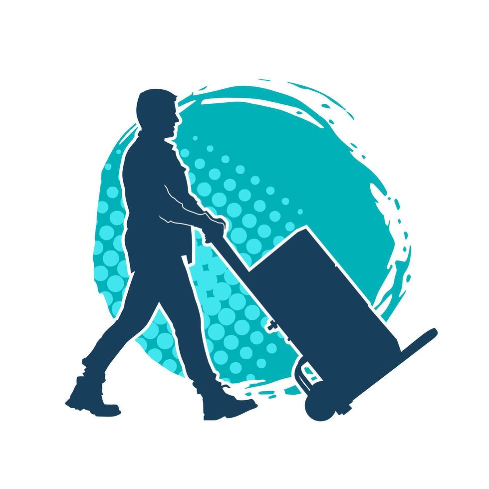 Silhouette of a male worker pushing a lori wheels transporting cardboard boxes vector