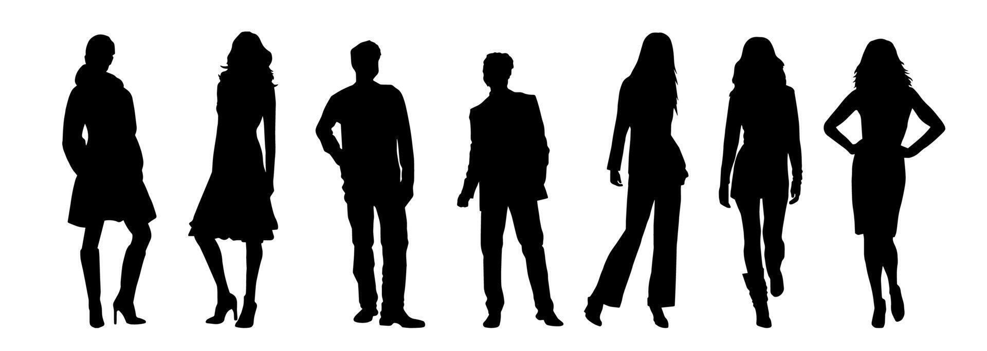 Stylish man and woman in standing pose. Crowd of people, man and woman. vector