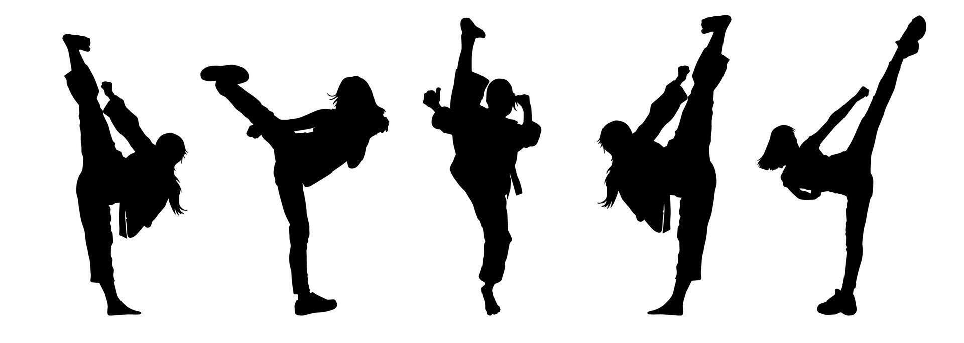 Silhouette collection of martial art women kicking pose. Silhouette of female warriors in action pose. vector