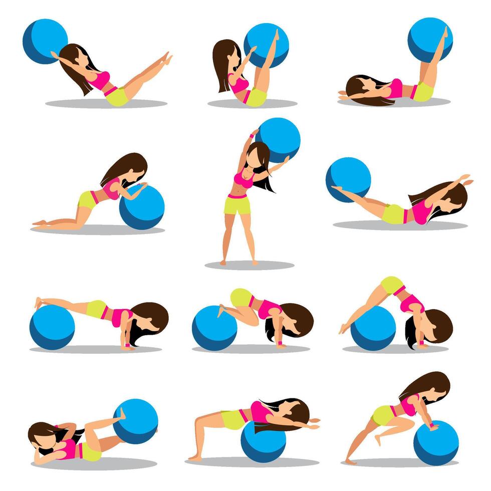 Set of exercise ball workouts design vector