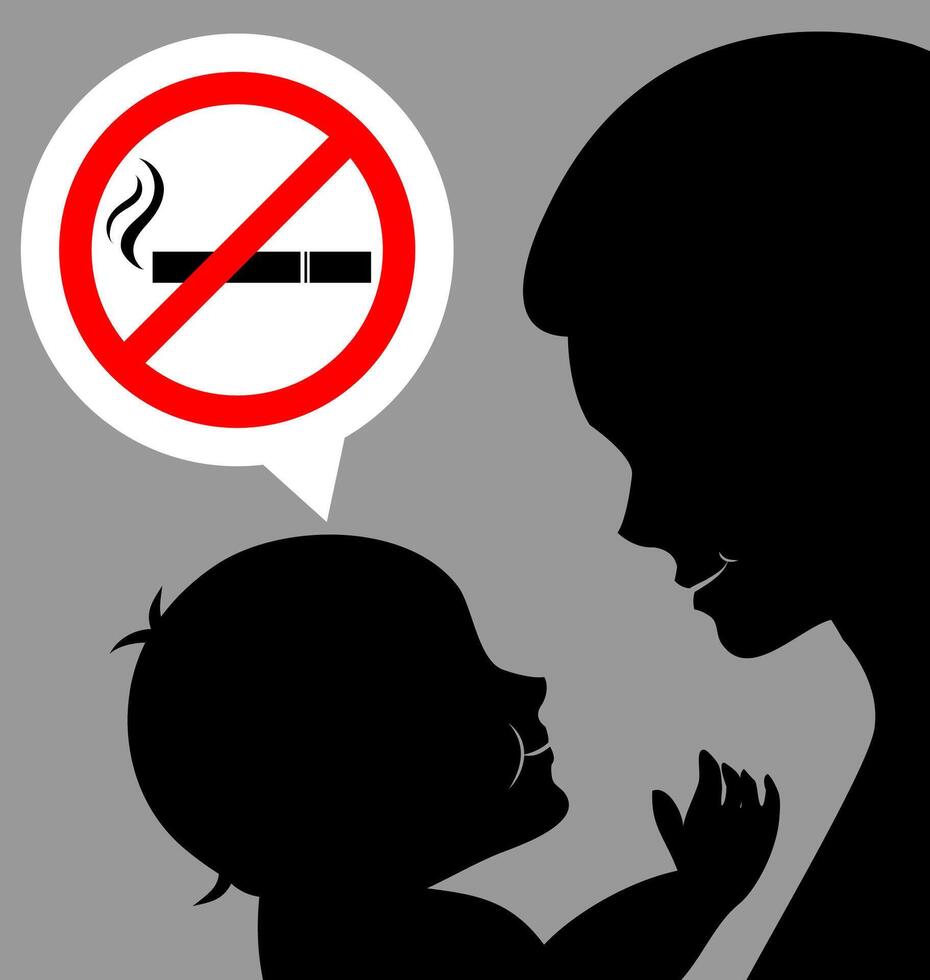 mamá y bebé con un prohibir de fumar firmar vector