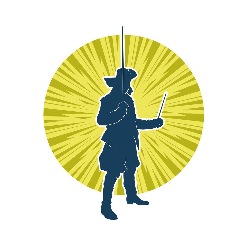 Silhouette of a male warrior in action pose with sword weapon. Silhouette of a man fighter carrying sword weapon. vector