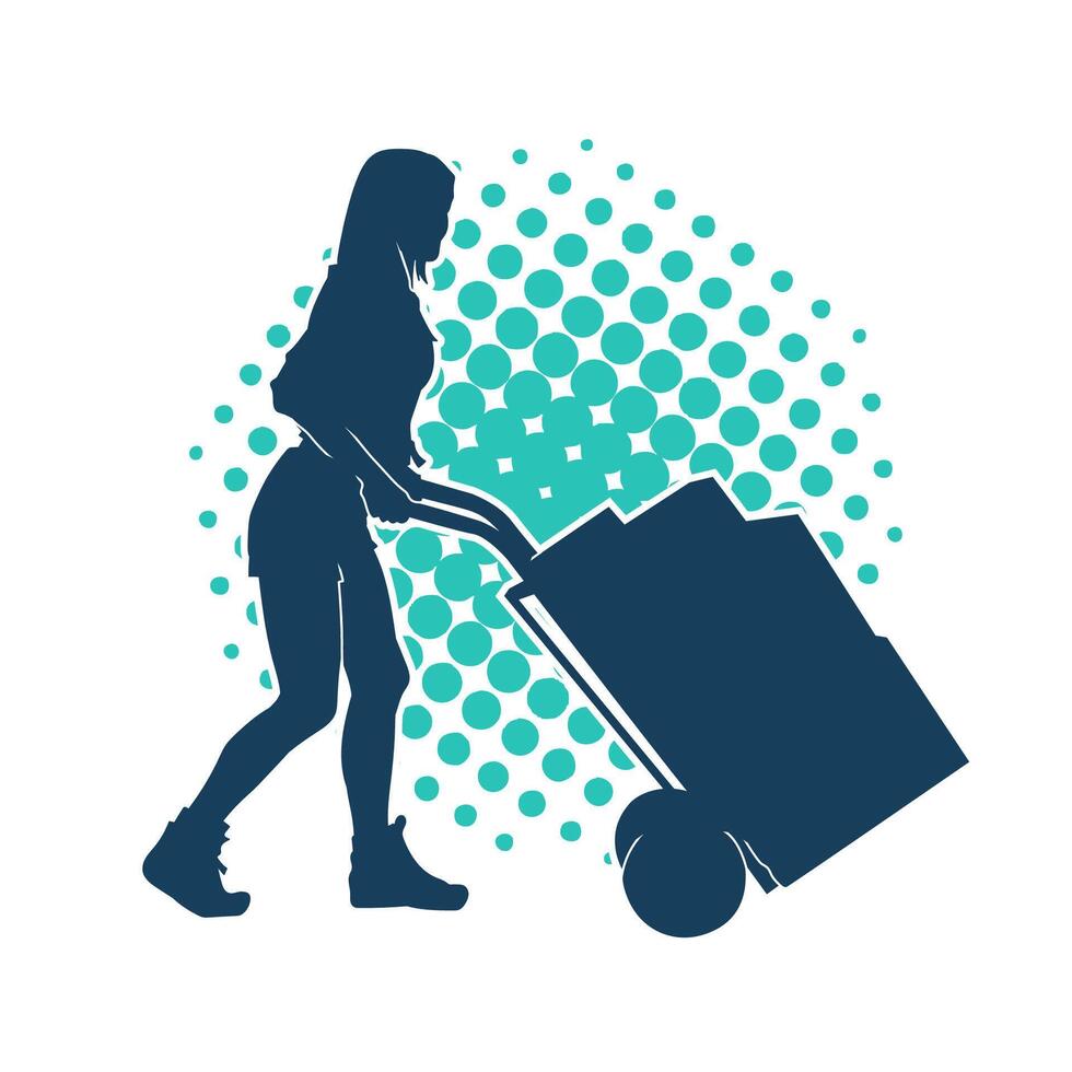 Silhouette of a female worker pushing lori wheels transporting cardboard boxes vector