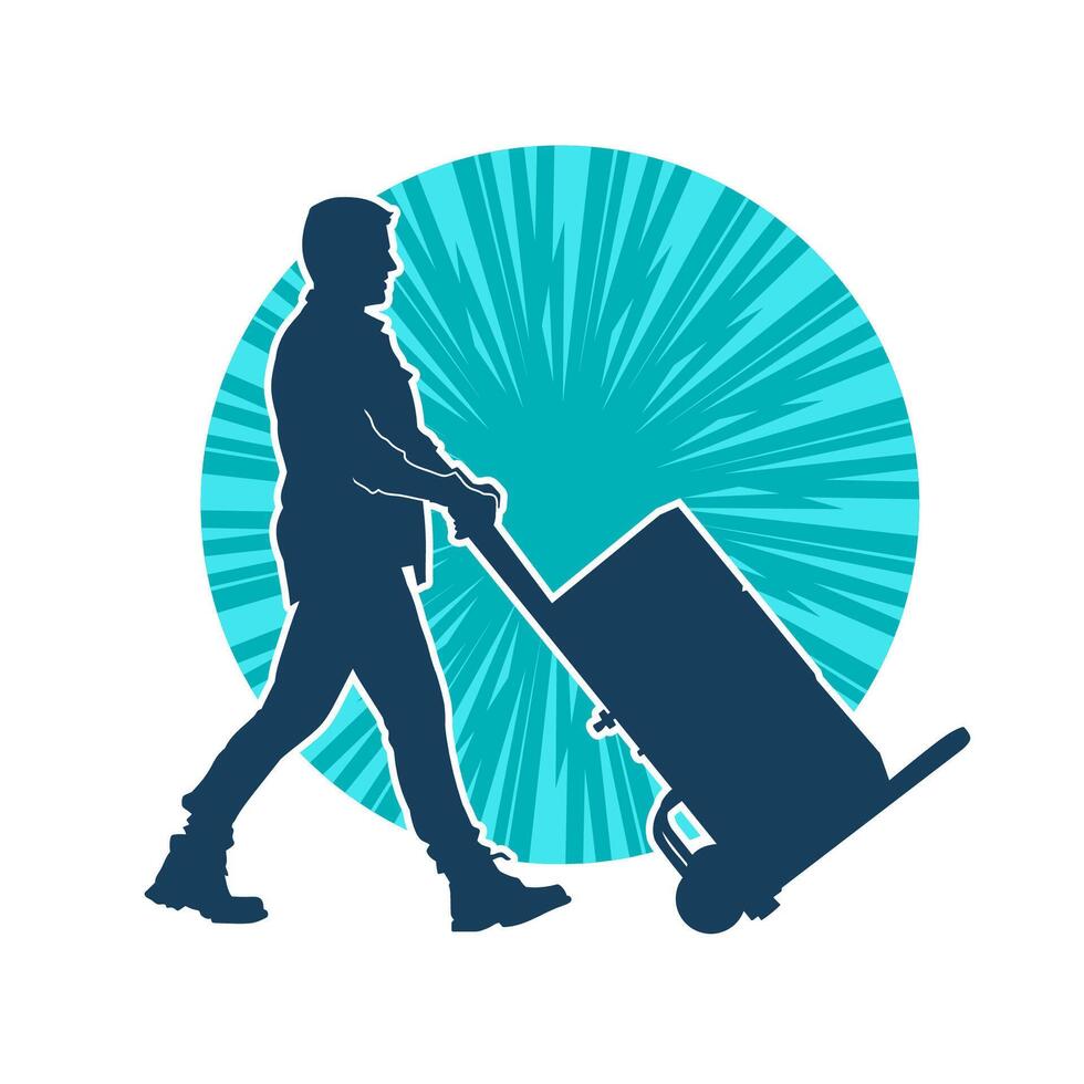 Silhouette of a male worker pushing a lori wheels transporting cardboard boxes vector