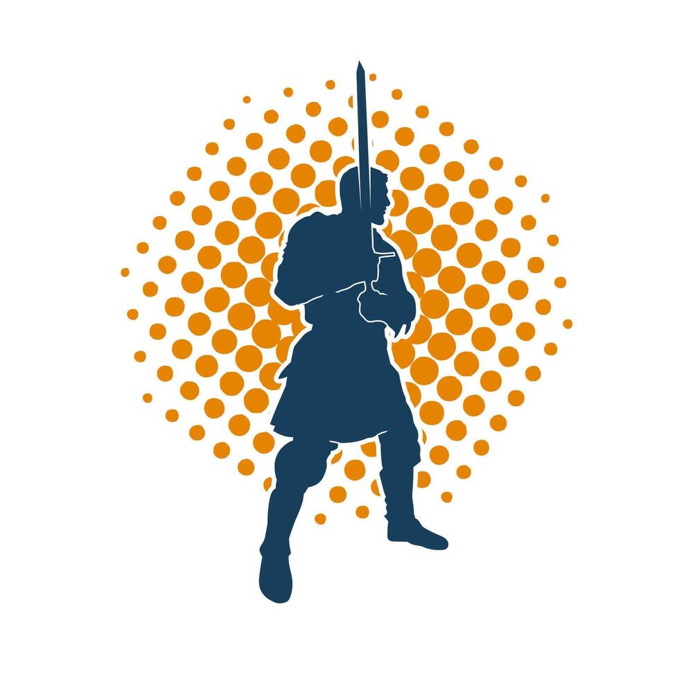 silueta de un masculino guerrero vistiendo guerra armadura traje en acción actitud utilizando un espada arma. vector
