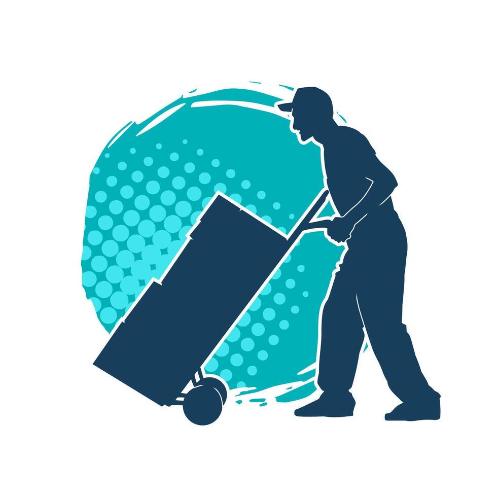 Silhouette of a male worker pushing a lori wheels transporting cardboard boxes vector