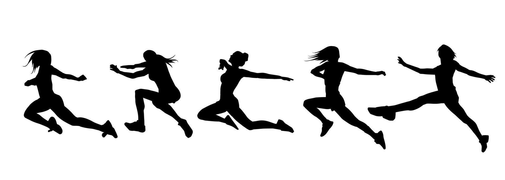 Silhouette collection of sporty woman in running pose. Silhouette group of female run pose. vector