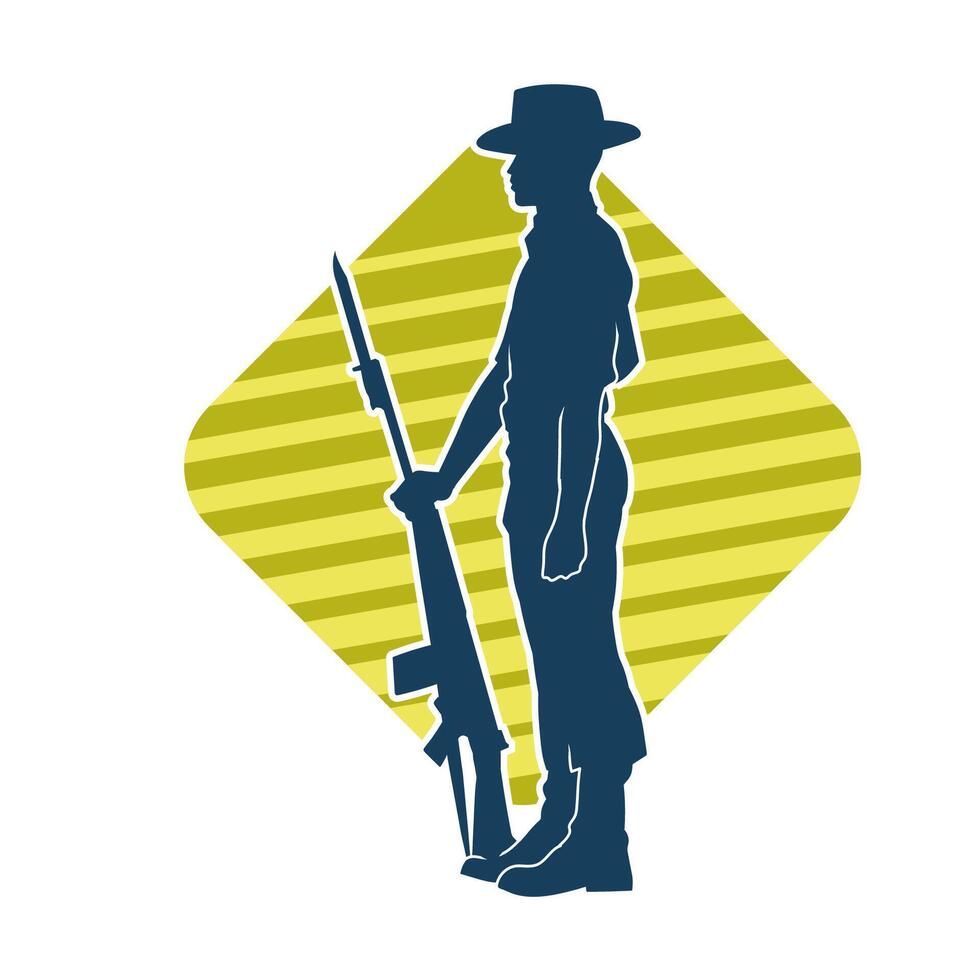 silueta de un masculino Guardia vistiendo vaquero sombrero que lleva rápido pistola arma vector