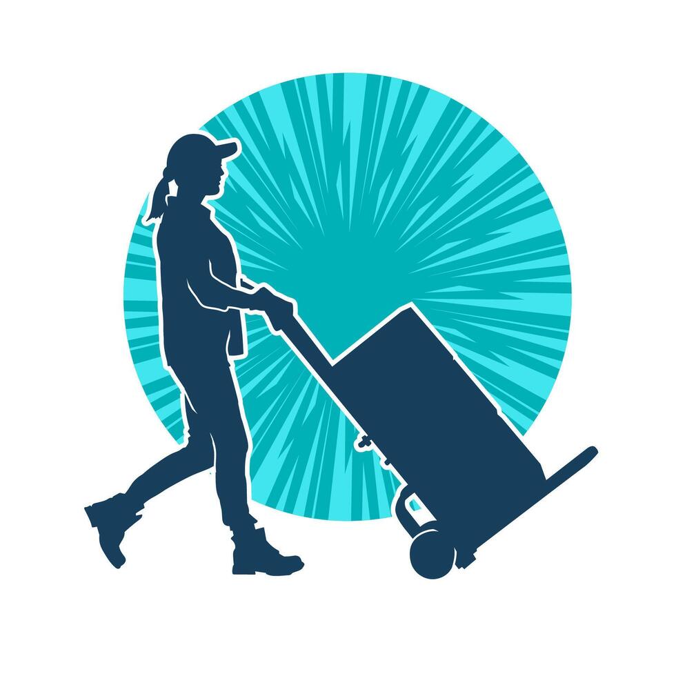 Silhouette of a female worker pushing lori wheels transporting cardboard boxes vector