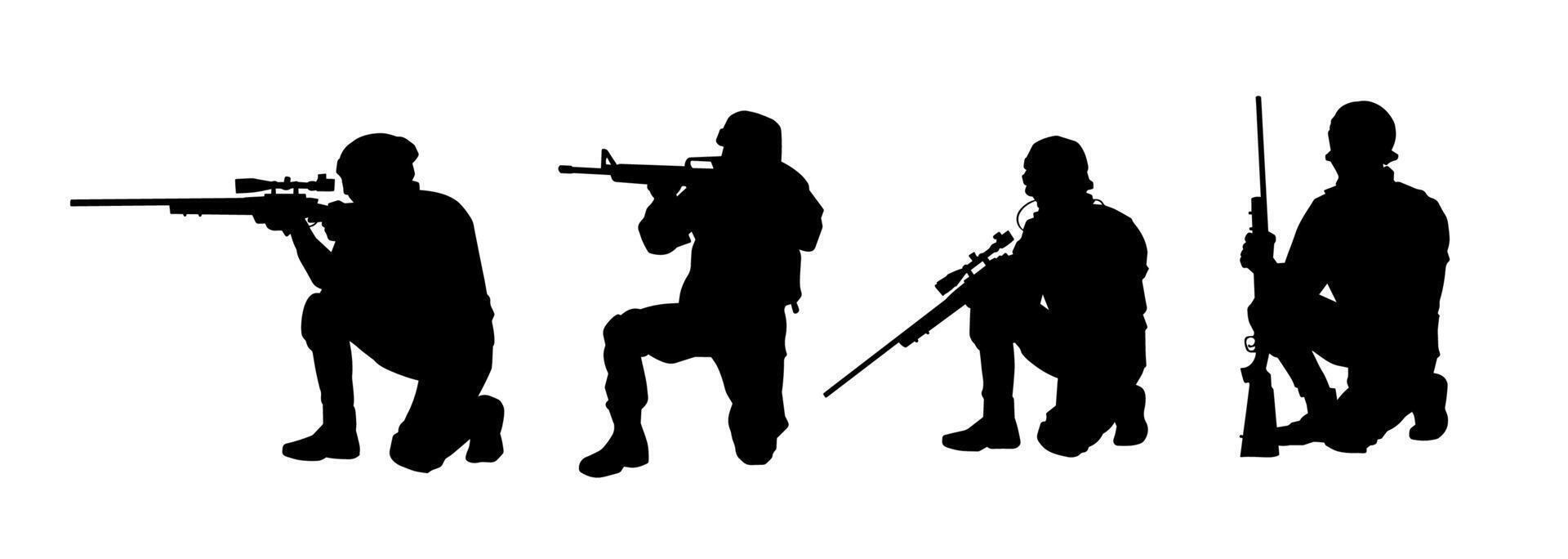 Silhouette collection of male shooter firing sniper long barrel riffle gun weapon vector