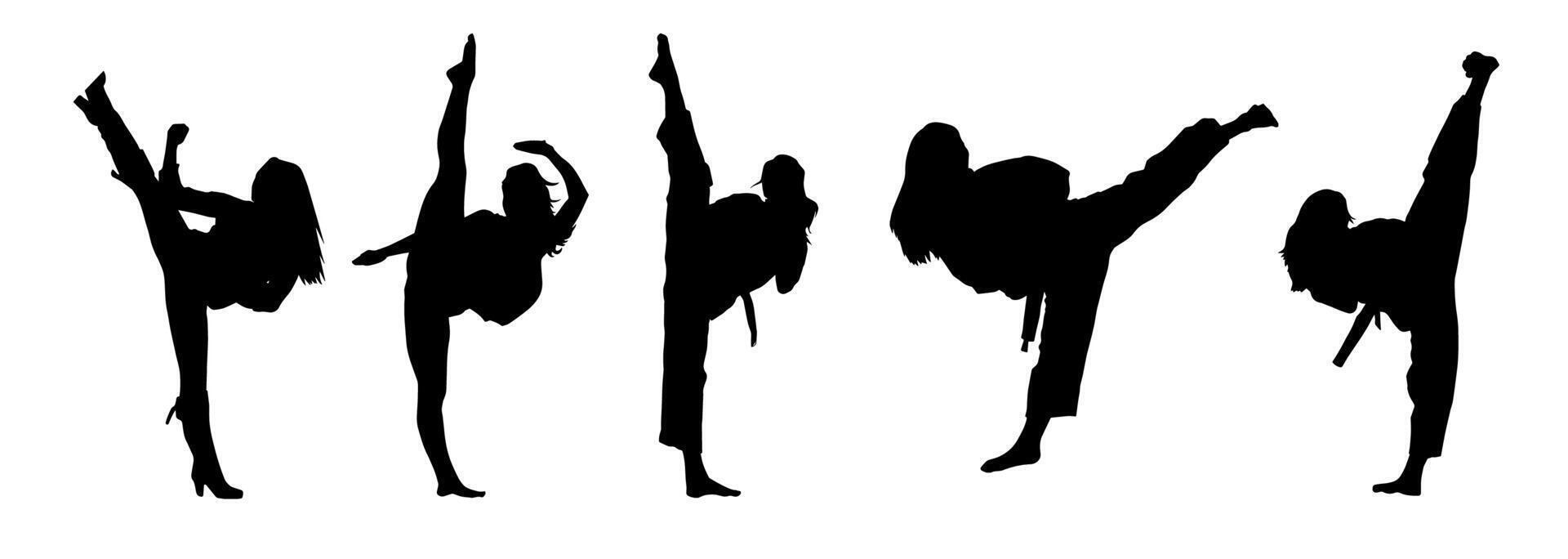 silueta colección de marcial Arte mujer pateando pose. silueta de hembra guerreros en acción pose. vector