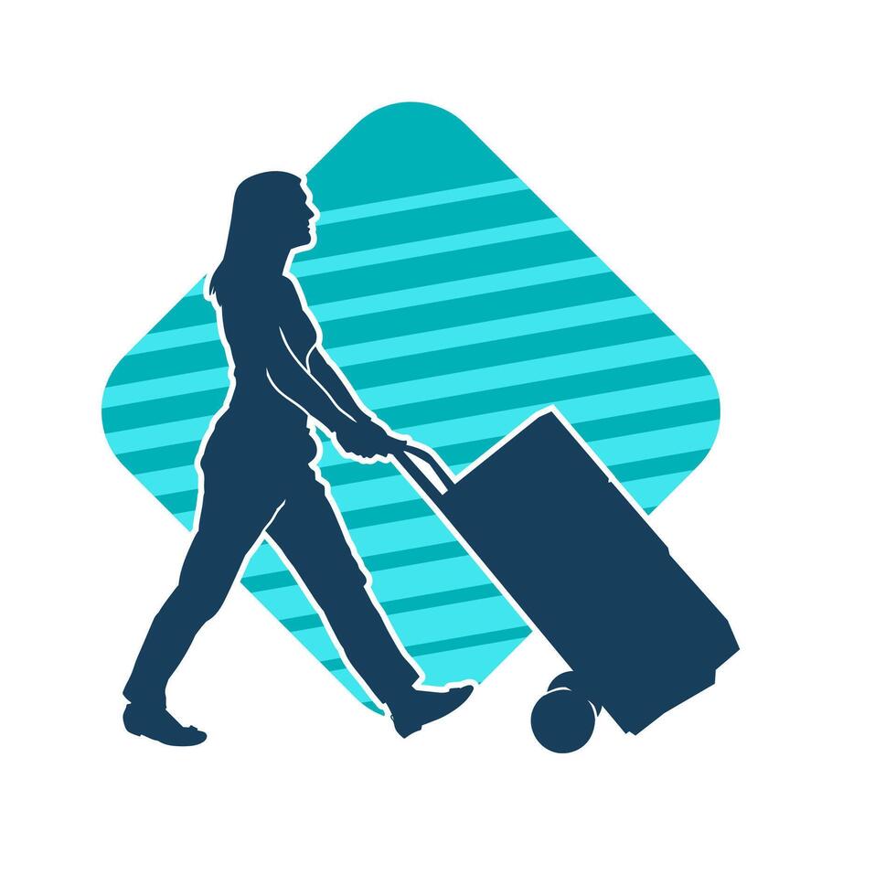 Silhouette of a female worker pushing lori wheels transporting cardboard boxes vector