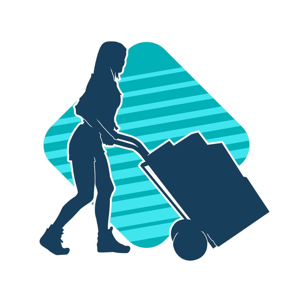 Silhouette of a female worker pushing lori wheels transporting cardboard boxes vector