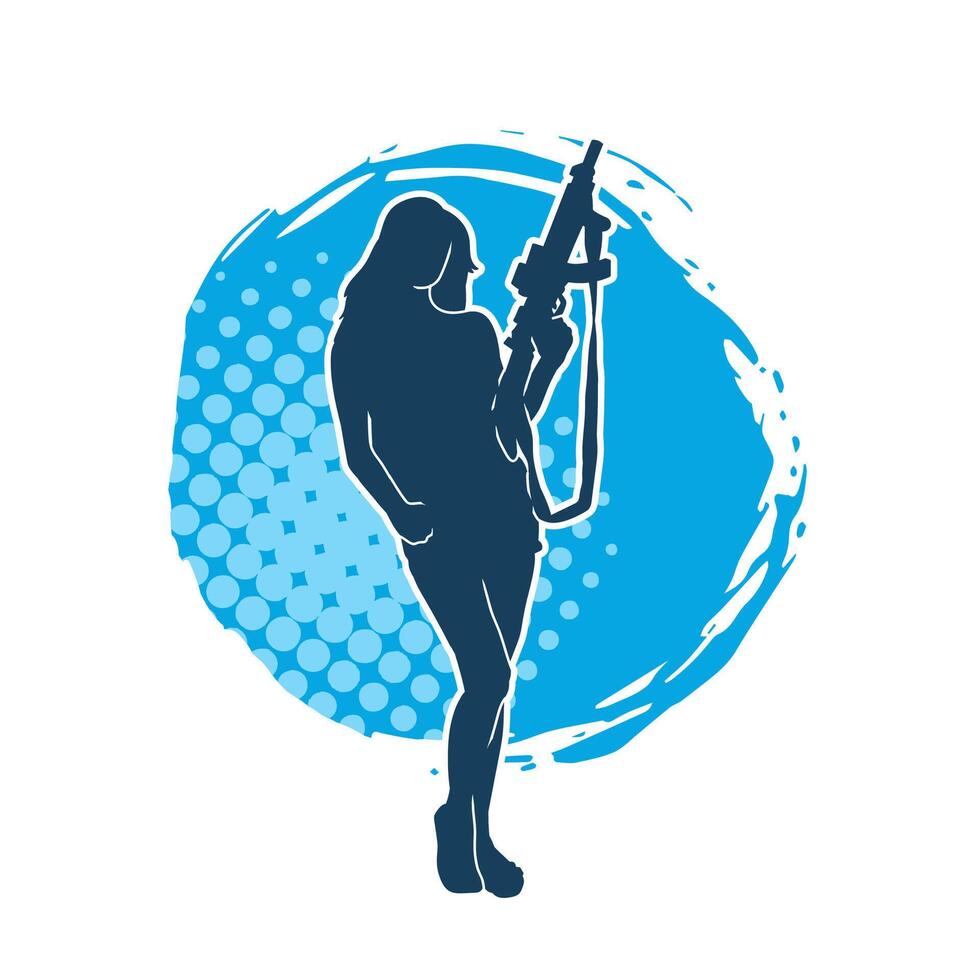 Silhouette of a female warrior in pose with machine gun weapon vector