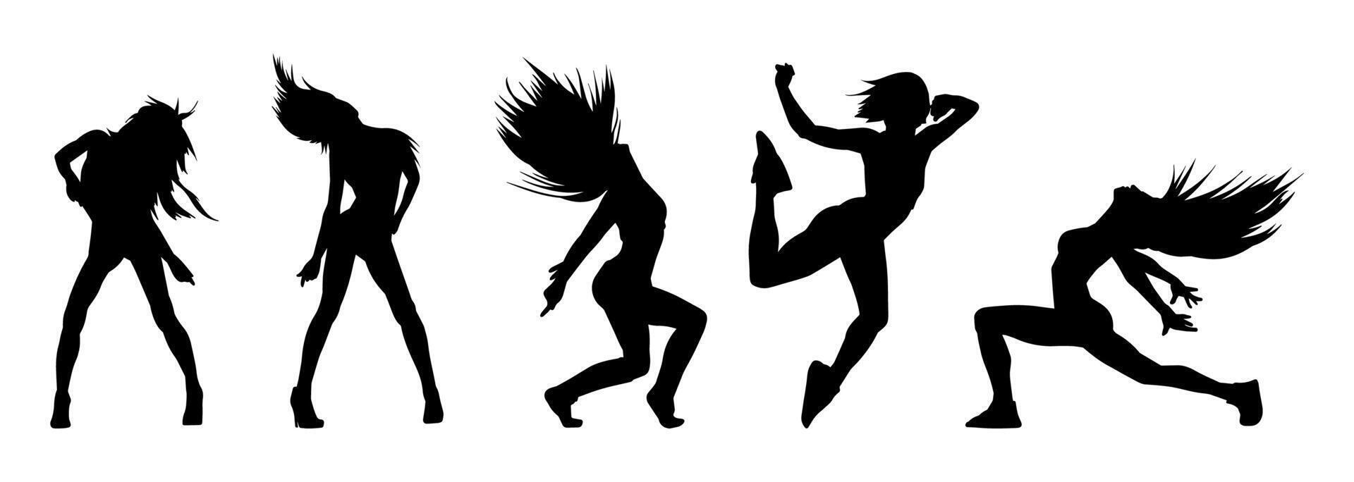 silueta colección de hembra bailarín en acción pose. silueta grupo de un Delgado mujer en bailando pose. vector