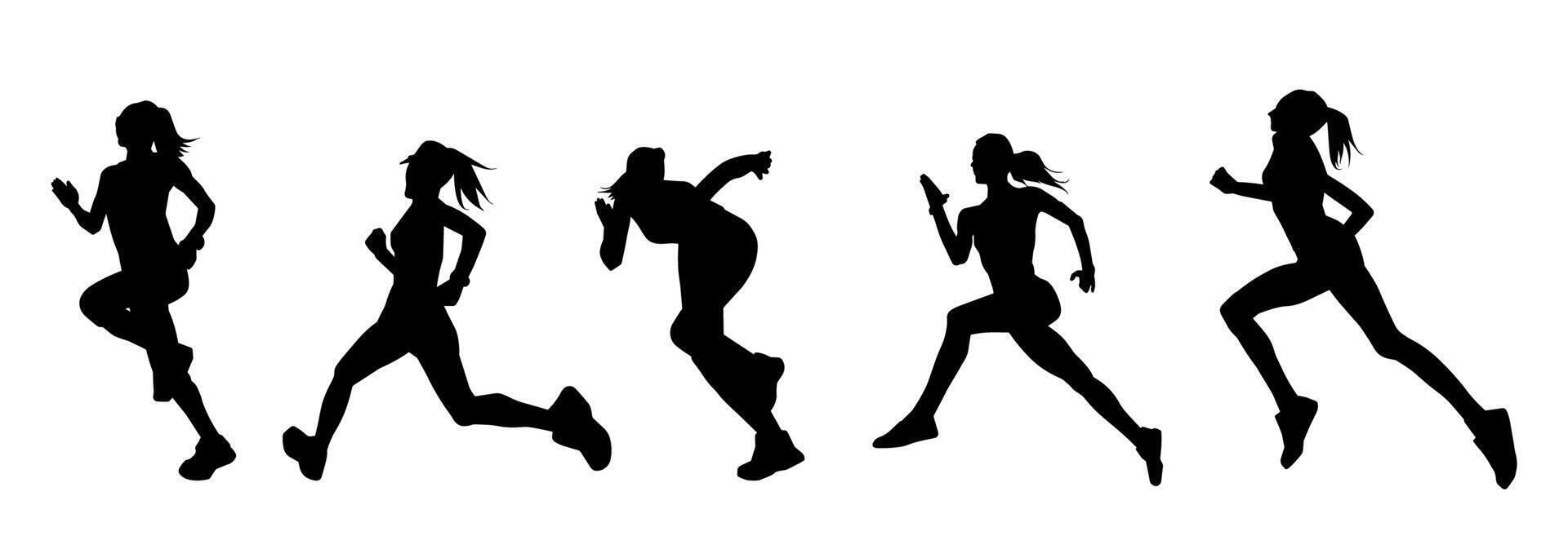 Silhouette collection of sporty woman in running pose. Silhouette group of female run pose. vector