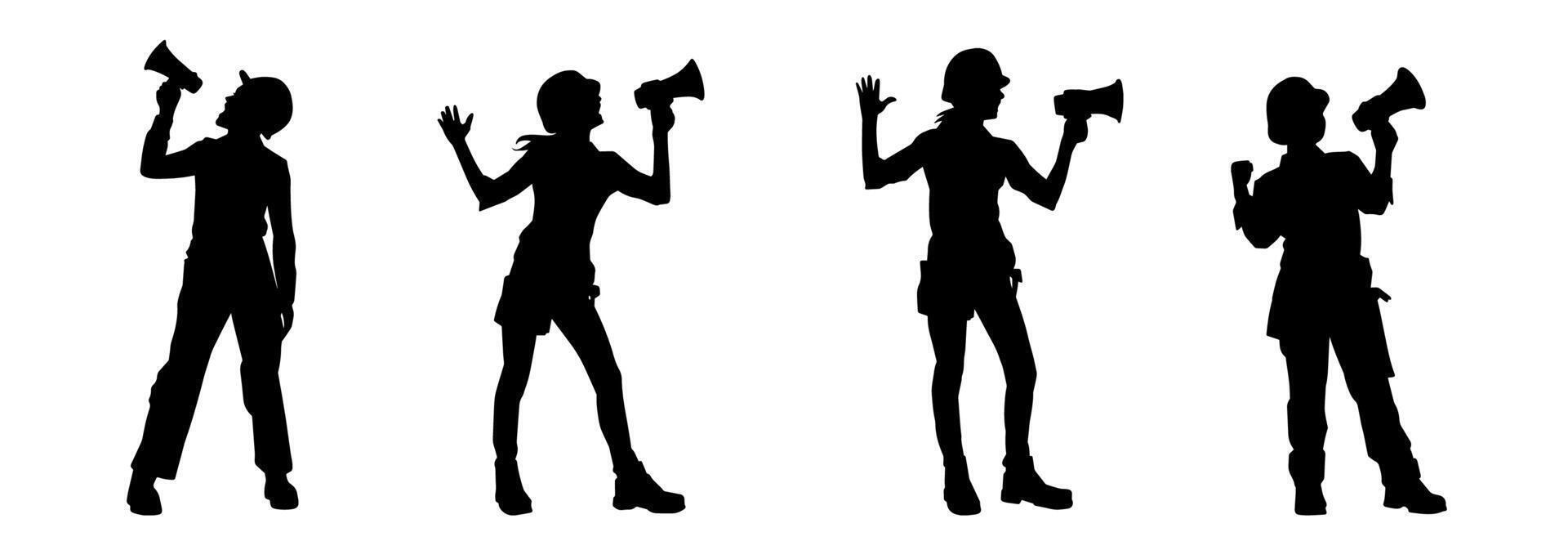 Silhouette collection of female worker shouting on megaphone loudspeaker tool. Silhouette of female announcer shout out on loudspeaker tool. vector