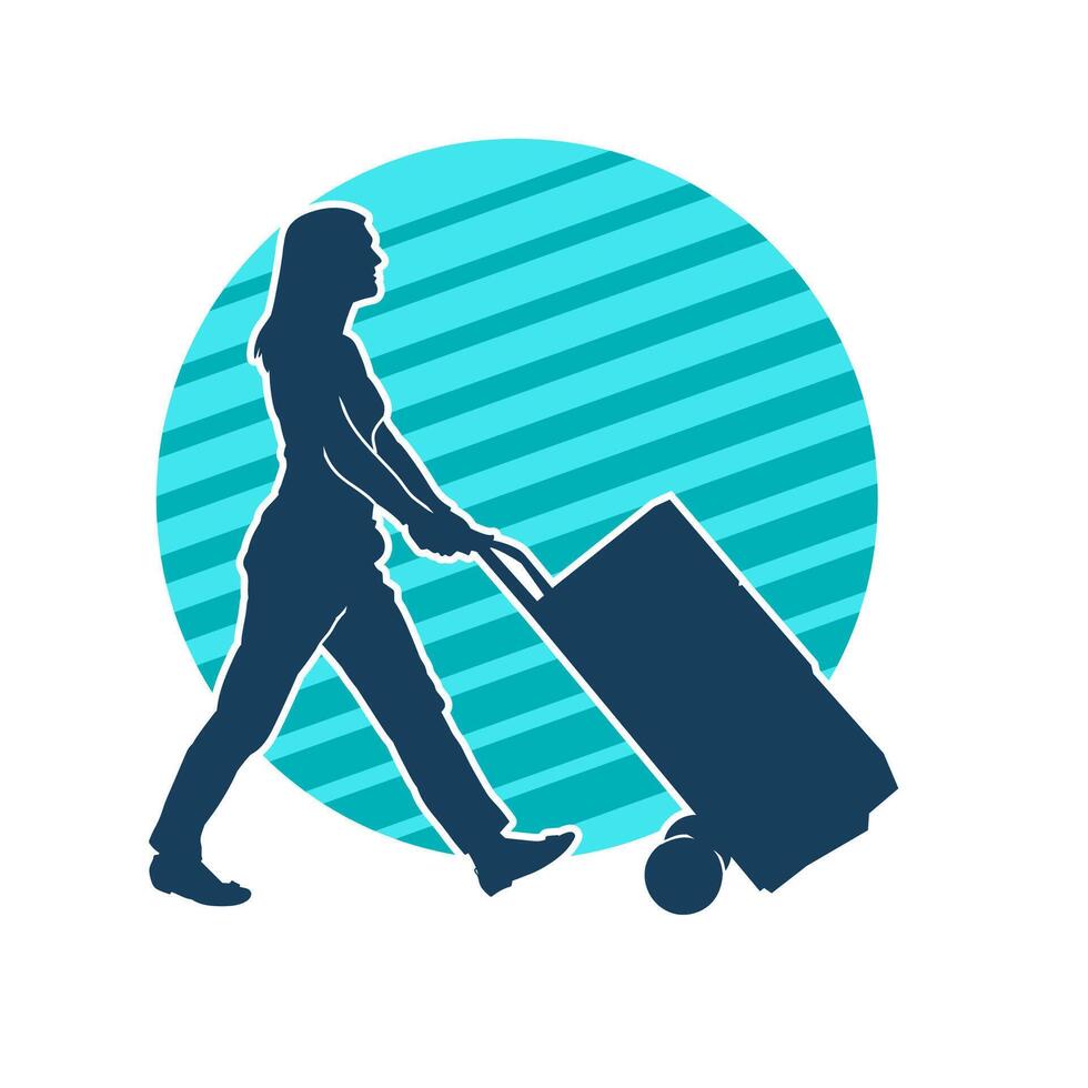 Silhouette of a female worker pushing lori wheels transporting cardboard boxes vector