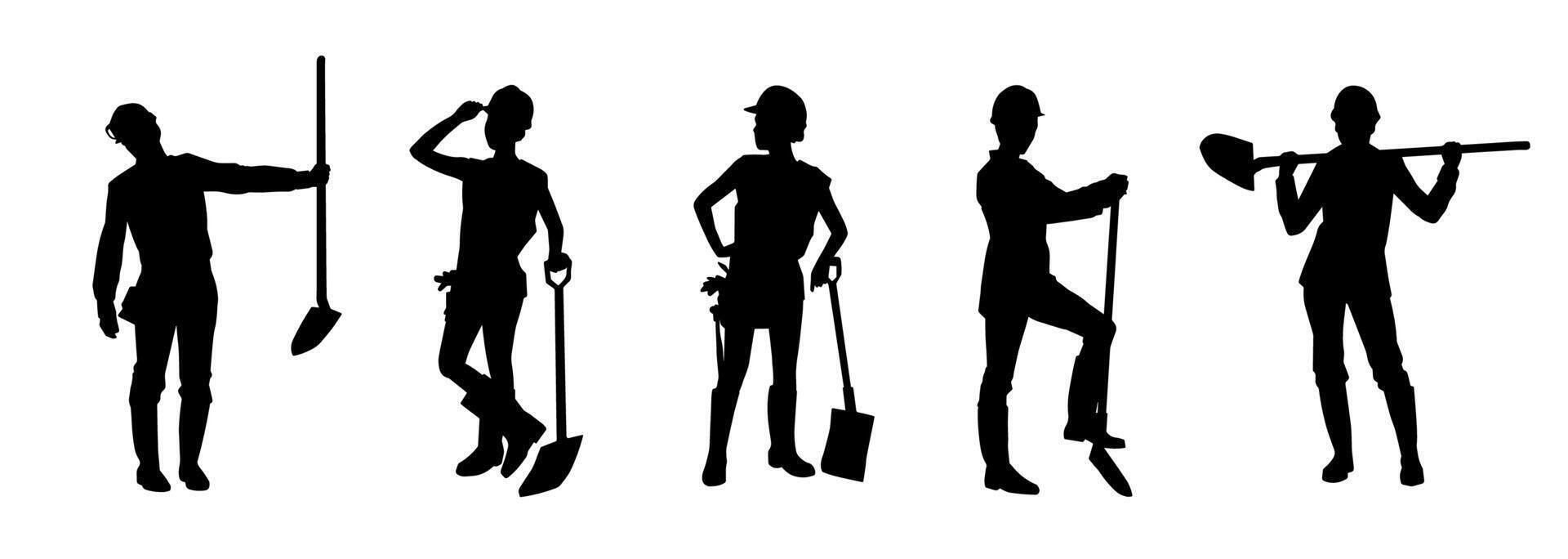 Silhouette collection of female wearing worker costume in action pose with shovel tool. vector