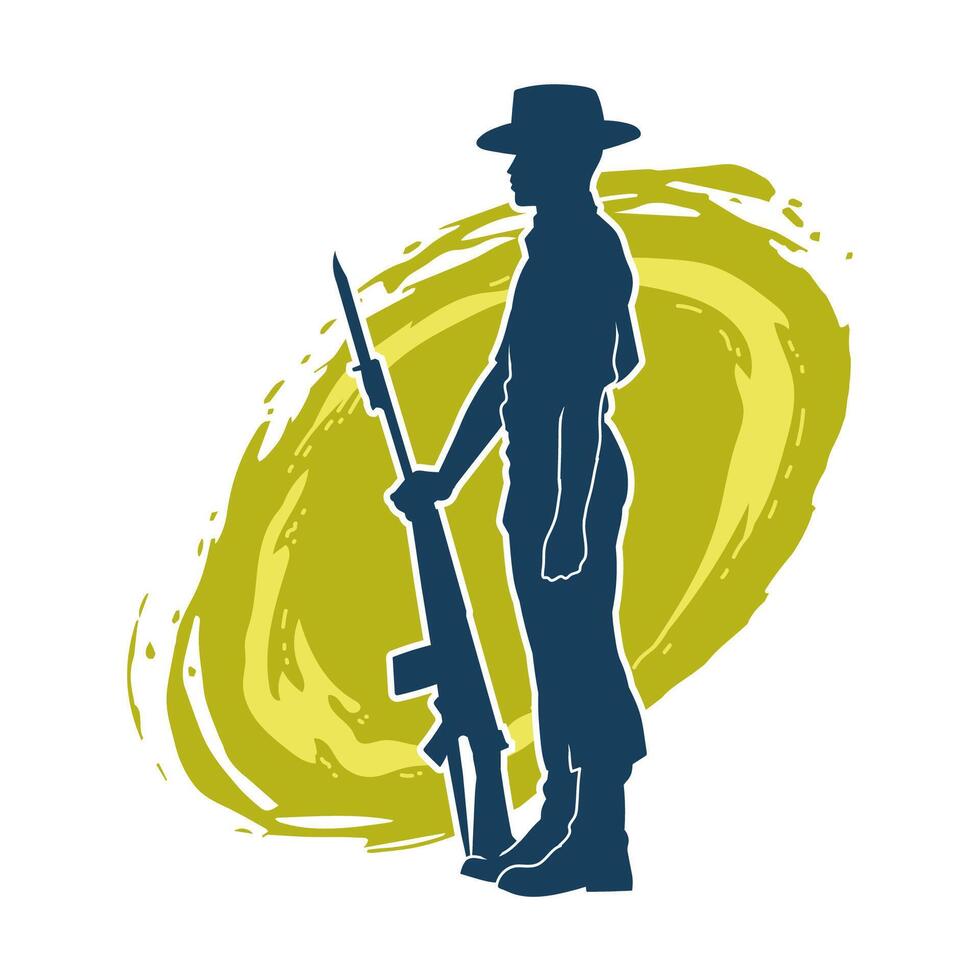 Silhouette of a male guard wearing cowboy hat carrying riffle gun weapon vector