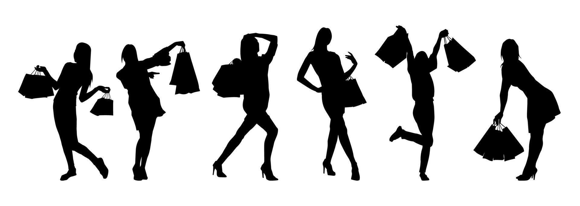 Silhouette collection of slim young woman carrying shopping bags. vector