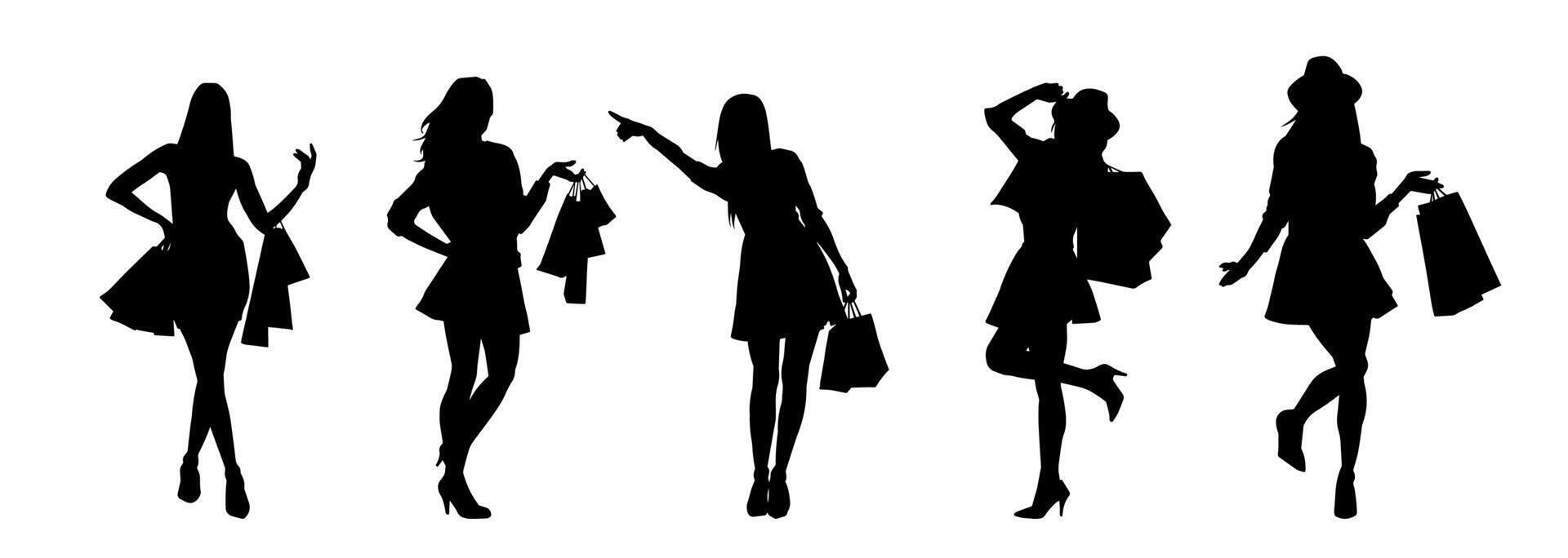 Silhouette collection of slim young woman carrying shopping bags. vector