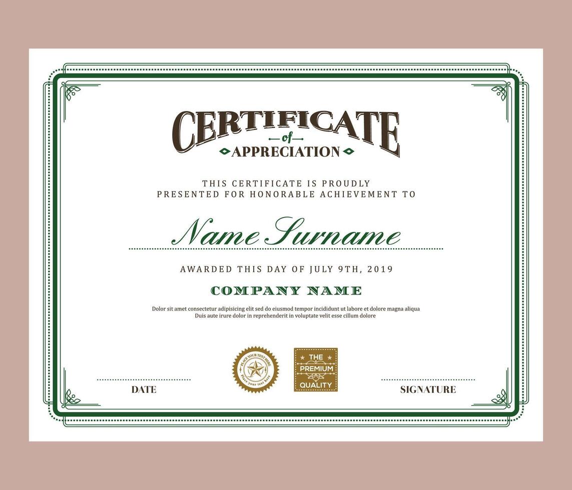 old gold certificate of appreciation border template with luxury badge and modern line and shapes. For award, business, and education needs. Diploma template vector