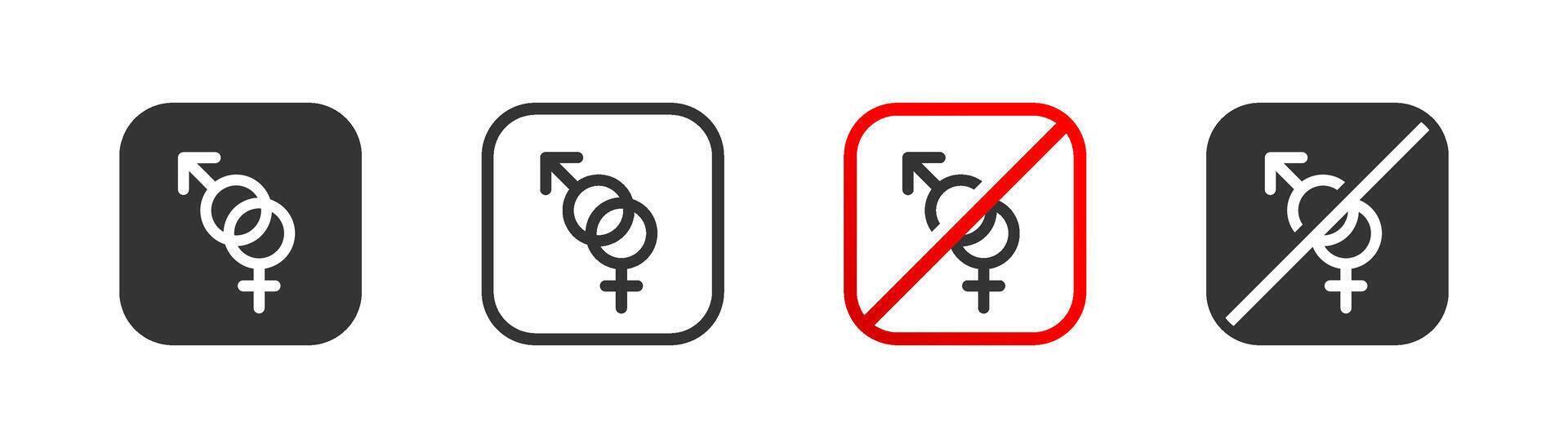 No gender differences. Banned gender signs, no contraceptives. Male and female, caution, attention, heterosexual relationships. Simple flat illustration. vector
