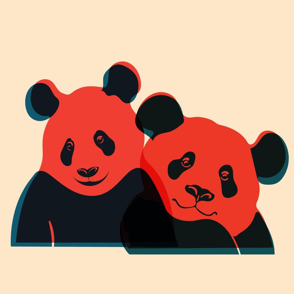 Pandas. Avatar, badge, poster, logo templates, print. Illustration with Riso print effect. Flat style vector