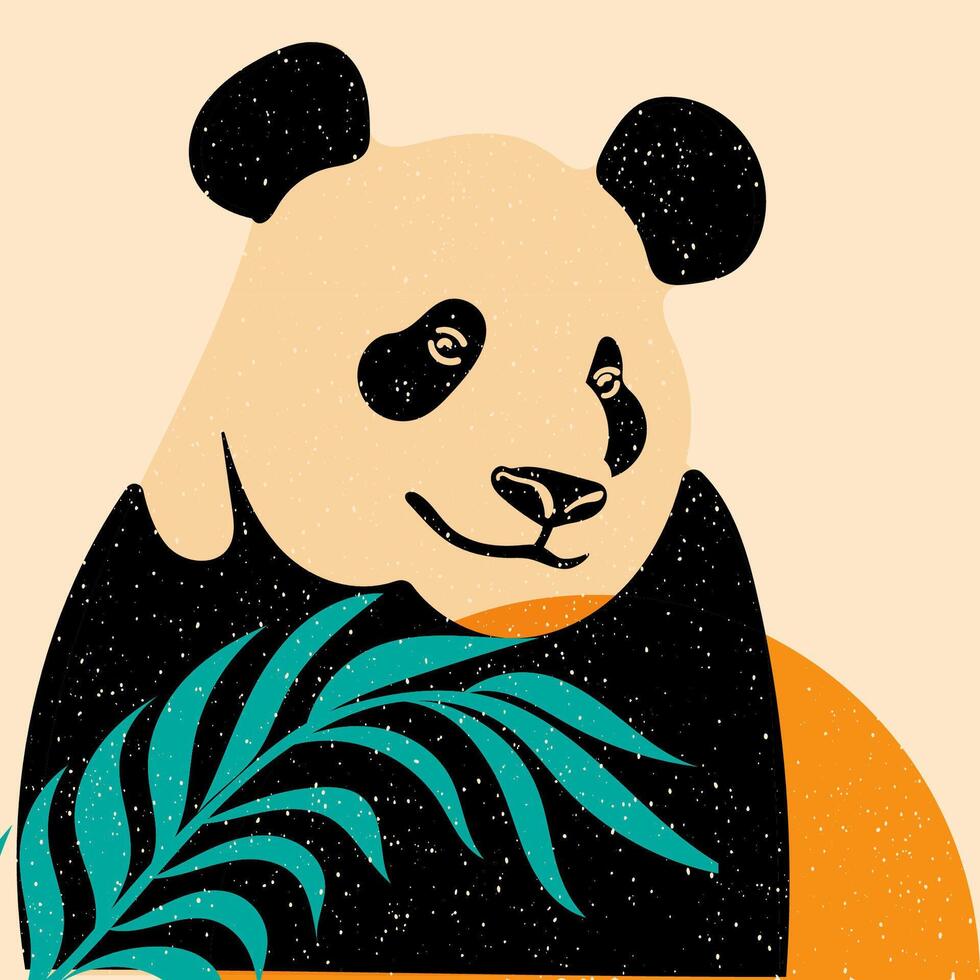 Panda on a background of tropical leaves. Avatar, badge, poster, logo templates, print. Illustration with Riso print effect. Flat style vector