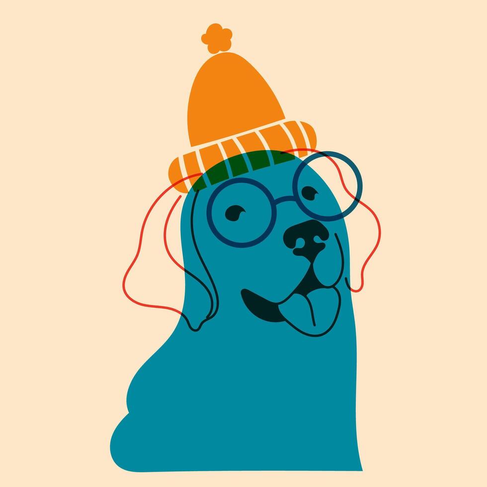 perro, perrito en lentes. avatar, insignia, póster, logo plantillas, impresión. ilustración en un minimalista estilo con riso impresión efecto. plano dibujos animados estilo vector