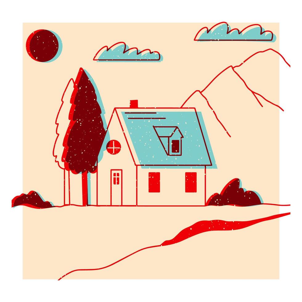 Landscape. Ranch, house in the mountain, farm, meadow, house, tree, road, mountain. Hand drawn illustration. Colorful cute screen printing effect. Riso print effect. Icon, logo, print, poster vector
