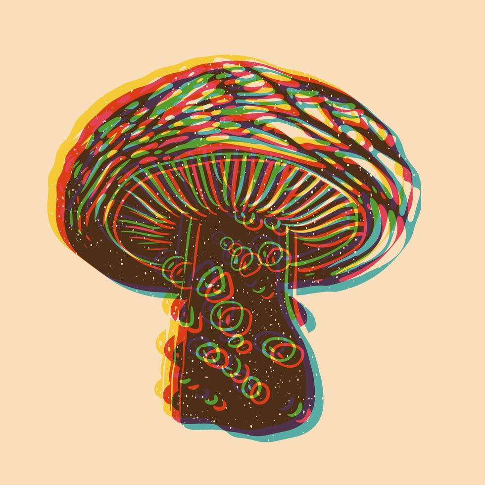 Mushrooms. illustration. Risograph print effect. Glitch effect. illustration. Graphic element for fabric, textile, clothing, wrapping paper, wallpaper, poster. vector