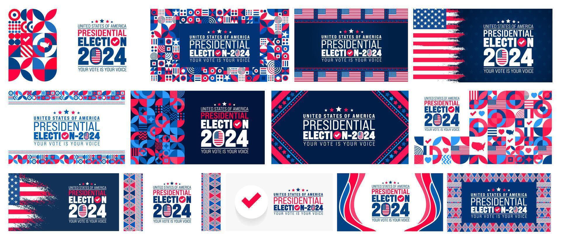 Presidential election 2024 background design template big bundle with USA flag. Vote in USA flag banner design. Election voting poster. president voting 2024. Political election 2024 campaign vector