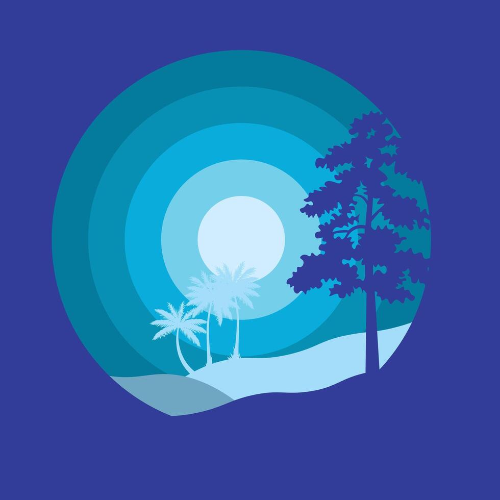 Flat minimal pine forest, and mountains at sunset in circle shape vector