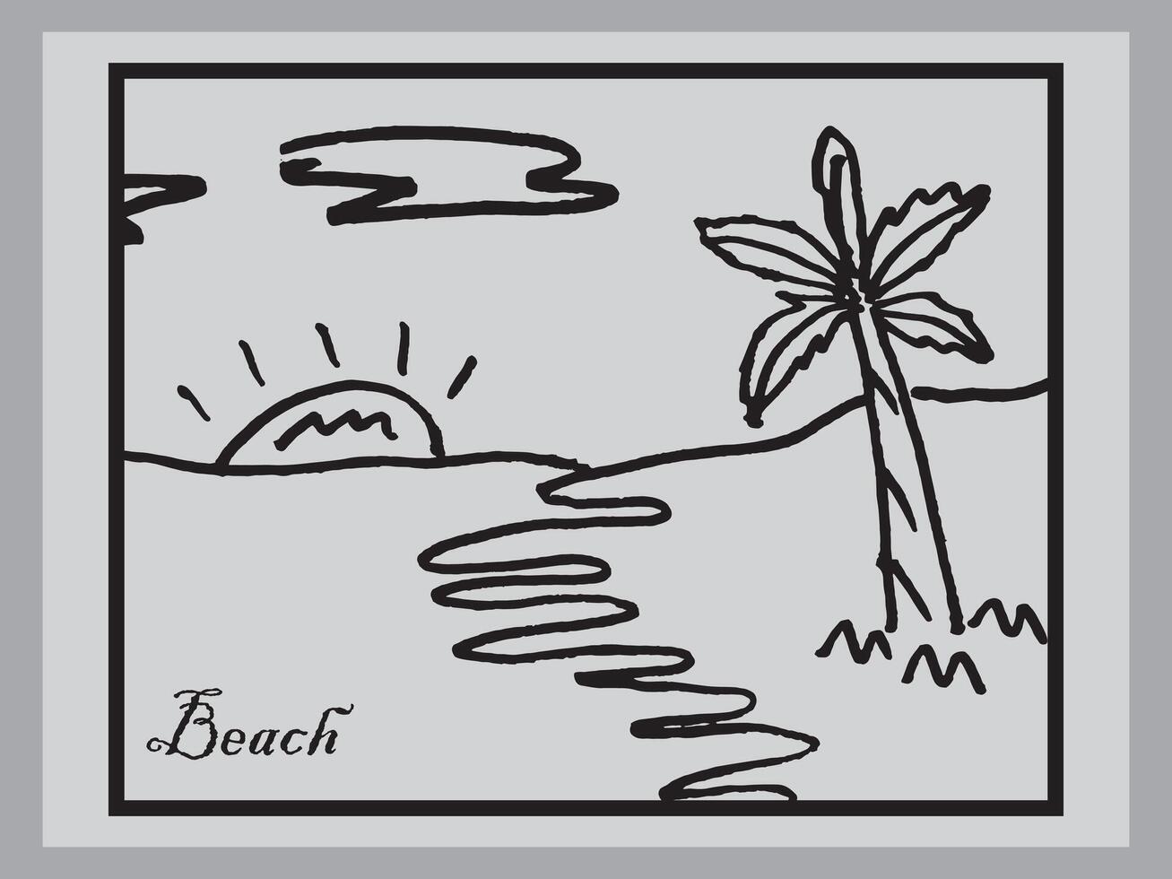 Abstract tropical landscape continuous art line with mountains, sea, coconut palm tree vector