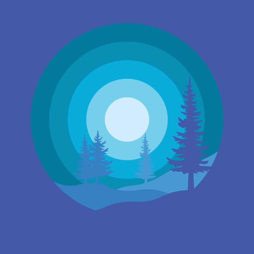 Flat minimal pine forest, and mountains at sunset in circle shape vector