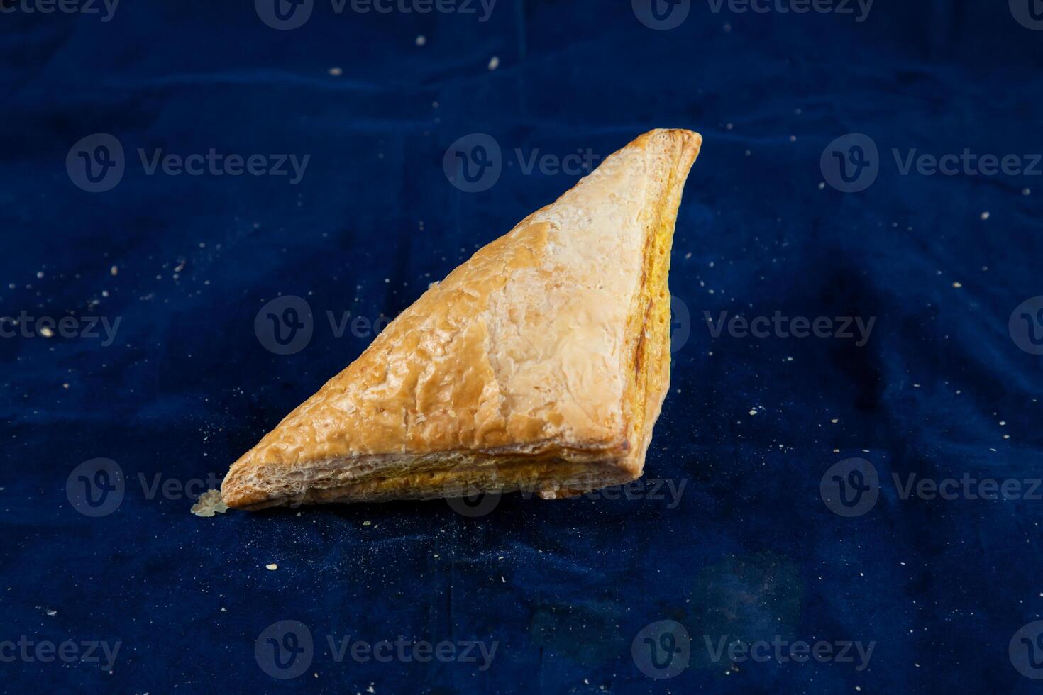 Vegetable Patties or samosa isolated on blue background side view of savory snack food photo