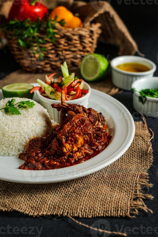 Jamaican Mutton gravy with plain rice, salad, tomato, cucumber dip, sauce and bell pepper served in plate isolated on napkin side view of lunch food photo