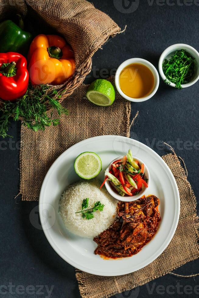 Jamaican Mutton gravy with plain rice, salad, tomato, cucumber dip, sauce and bell pepper served in plate isolated on napkin top view of lunch food photo