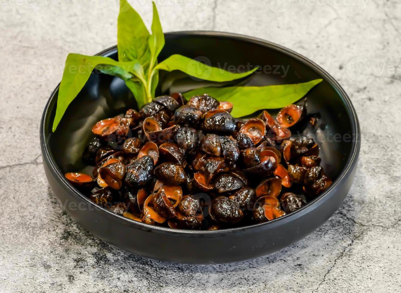 salt cast iron snail or oc duc gang muoi served in dish isolated on grey background top view of singapore seafood photo