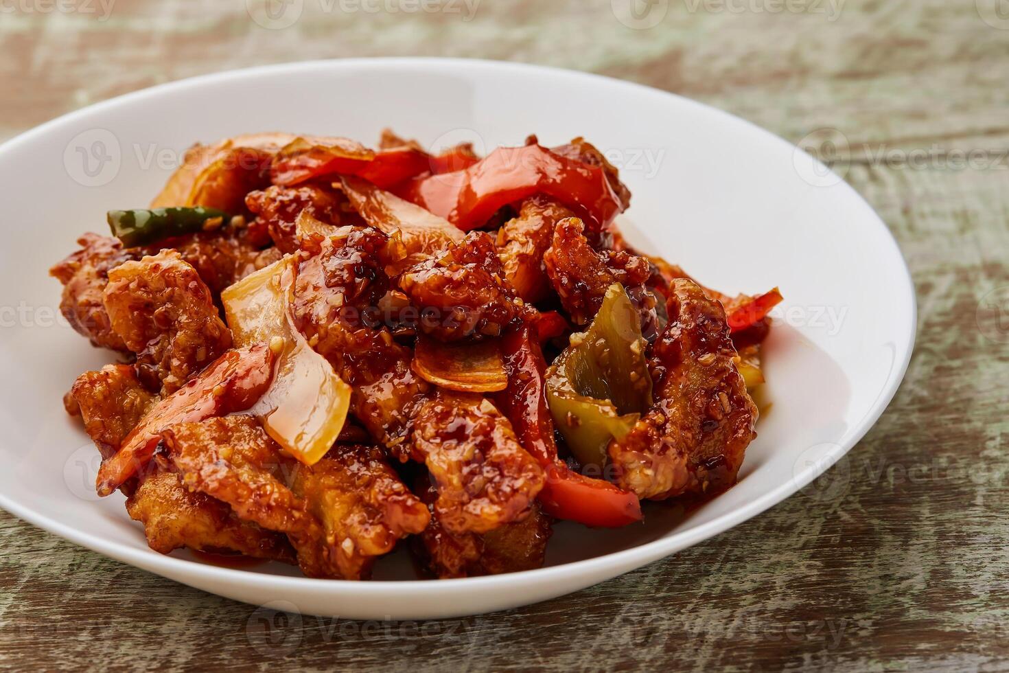 Chicken Shashlik with tomato and onion served in dish isolated on table top view of arabic food photo