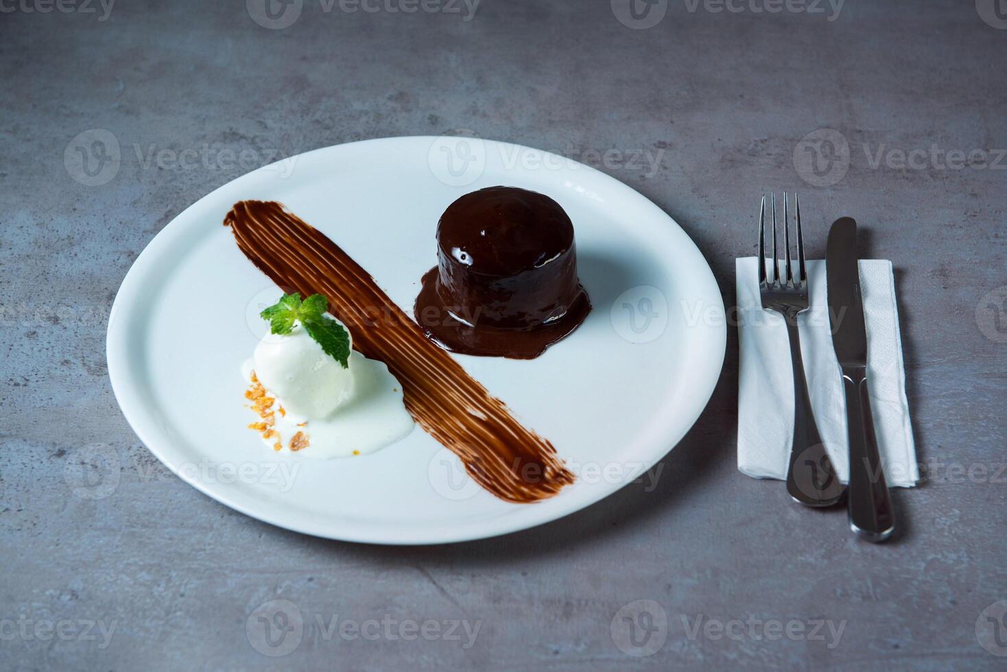 Fondant chocolate with ice ream served in dish isolated on grey background top view of bahrain food photo