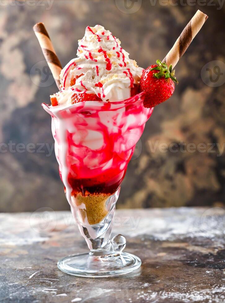 fresa torta de frutas helado con frutas y nueces Enviado crema sacudir con Paja servido en vaso aislado en oscuro antecedentes lado ver de sano bebida foto