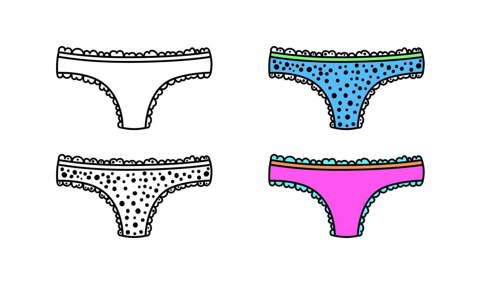 Women's colorful panties set. Lingerie collection . Hand drawn illustration in doodle style. Eps 10 vector